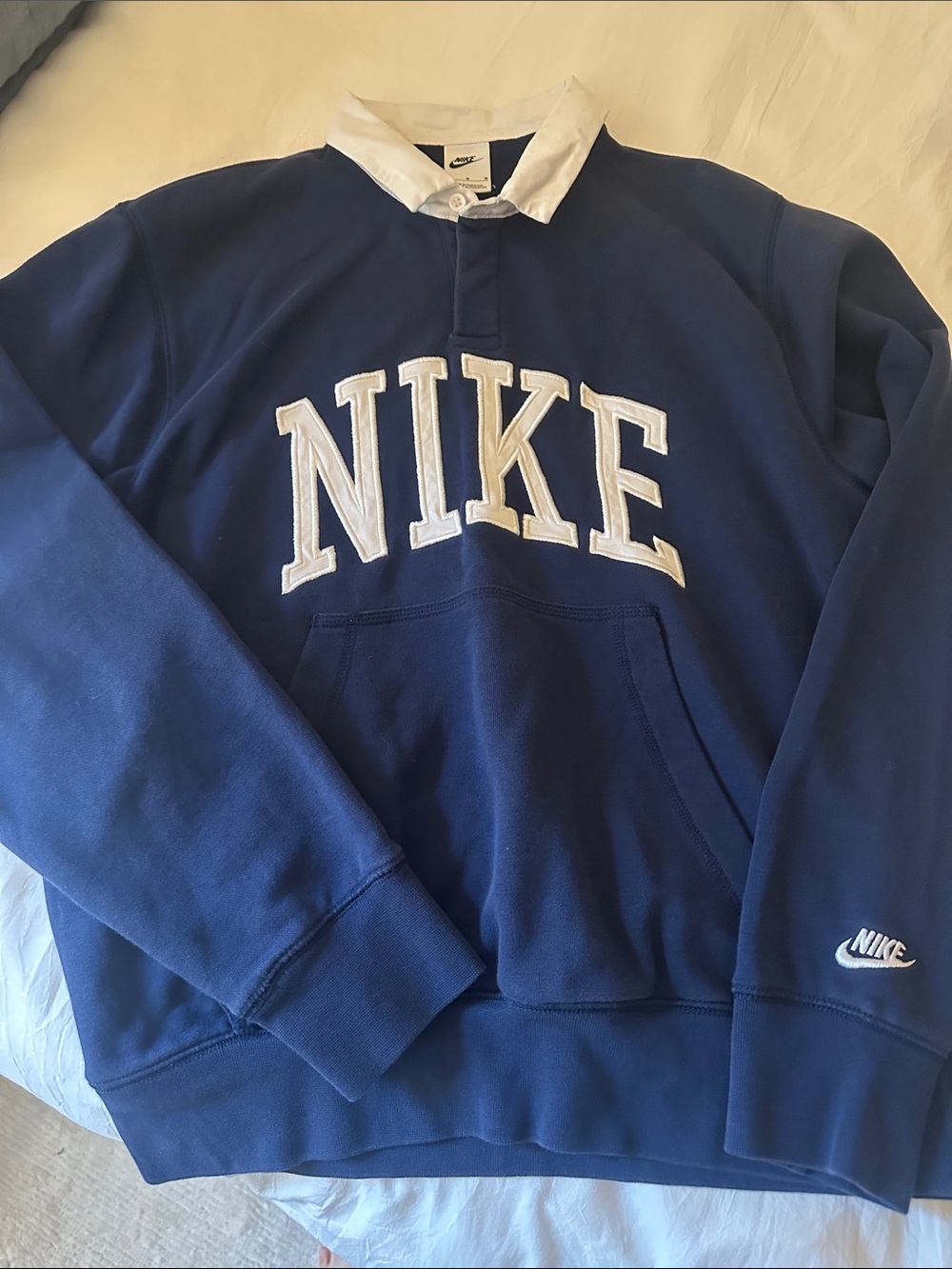Nike Men’s Navy Blue Sweatshirt with White Collar & Embroidered Logo
